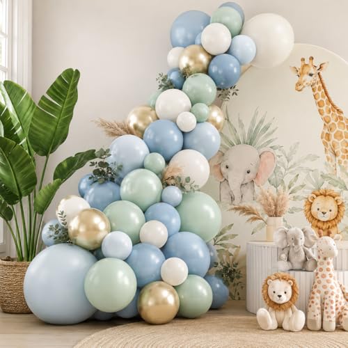 Image of Dusty Blue Green Balloons, Slate Fog Blue Dusty Green Ivory Balloons with Metallic Light Gold Balloon for Women Men Boho Jungle Safari Birthday Bridal Baby Shower Wedding Engagement Party Decorations