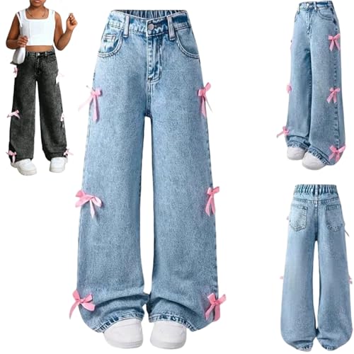 Girls Bow Wide Leg Baggy Denim Pants,Teen Casual Cute Wide Leg Jeans,Kids High Waisted Washed Jean Straight Leg Trouser (US, Alpha, Medium, Regular, Black)