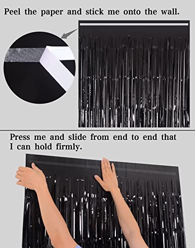 Cortinas de flecos de papel aluminio negro para fondo de fiesta 3.2x8 ft, pack 2 miniatura 6