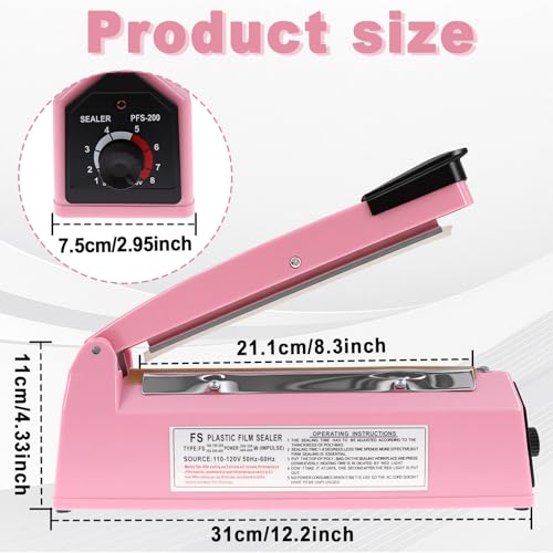Image of 8 Inch Impulse Sealer, Manual Heat Sealer Machine for Mylar Bags, Shrink Wrap Bag Sealers Sealing Machine for Plastic PE PP Bags with 3 Free Replacements Kit Element Grip, Pink