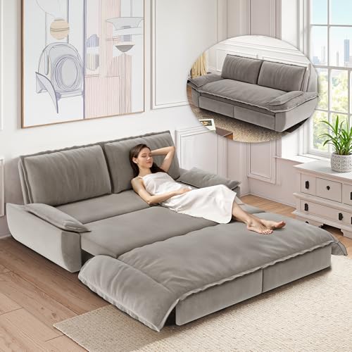 Lyngins Queen Size Sleeper Sofa Bed, 73.2 Inch Pull Out Couch Velvet Loveseat Sofa Bed, 3 in 1 Convertible Queen Couch Beds with Side Pockets for Apartment,Bedroom, Living Room, Light Gray