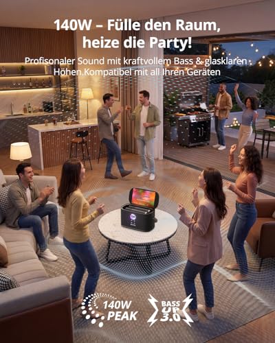 Ikarao Karaoke-Maschine - Komplettsystem mit Textanzeige, 2 Mikrofonen, 140W, Bluetooth, HDMI-Anschluss, selbstaufladend, für Karafun-App, ideal für Home-Party & Fernseher （Shell S2）
