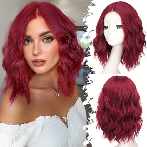Image of Eawwii Berry Red Short Wavy Wig for Women Lace Hairline Bob Style Synthetic Heat Resistant - Natural Appearance for Everyday Hairstyle 14 Inch