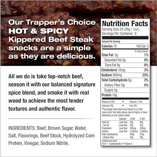 Image of Old Trapper, Trapper's Choice Hot & Spicy Kippered Beef Steak, Eight-Ounce Individual Package, 10 Grams of Protein and 70 Calories Per Serving (Pack of One)