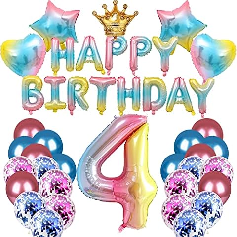 4th Birthday Party Decoration Balloons, Rainbow Balloons Kit Include 12PCS Metallic Balloons, 6PCS Confetti Balloons, 5PCS Foil Balloons, Happy Birthday Banner Balloons (Blue, Red) Cover