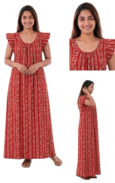 Women's Cotton Maxi Nighty, Batik & Floral Paisley Print, Short Sleeve, Full Length Night Dress-picture-37