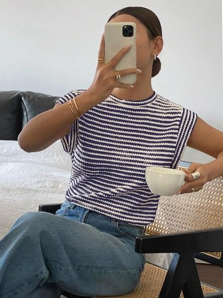 Image of Jawdrobe Women's Striped Western Top Round Neck Cap Sleeve T-Shirt for Women