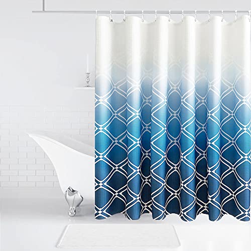 sunmeg Blaue Duschvorhänge für Badezimmer, Blau und Weiß Waffelgewebe Tuch Duschvorhang Set, Stoff Ombre Duschvorhang Set mit 12 Kunststoffhaken (Blau, 72x72) Cover