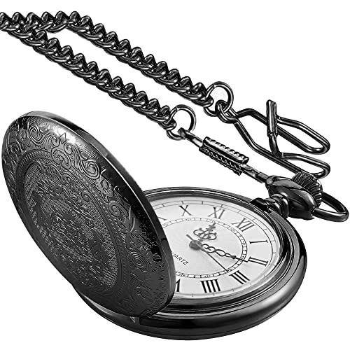Black Large Decorative Flower Pattern Pocket Watch White Roman Digital Scale Quartz Pocket Watch, Men's Chain Christmas/Graduation/Birthday/Father's Day -Black #TOP1