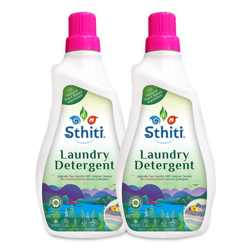 Sthiti Eco - LAUNDRY DETERGENT LIQUID - Natural plant based | Washing machine friendly | Bio-Enzymes | Strong on stains | Soft on clothes | NO allergens or Toxic chemicals (1100ml, Pack of 2)