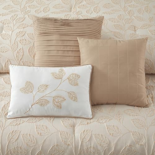 Image of LANCO MODERN LIFESTYLE 7 Pieces Beige Gold Comforter Set, King Size, Jacquard with Matching Solid Microfiber Piecework, 3D Leaves Texture Design, Includes Bed Skirt, Shams, and Decorative Pillows