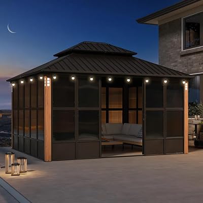 PURPLE LEAF 12' X 14' Outdoor Hardtop Gazebo with Galvanized Metal Roofs Patio Wood Grain Aluminum Frame with Screens and Doors for Deck Garden Bronze