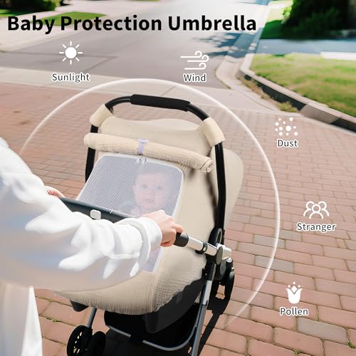 Image of Rquite Car Seat Cover Baby, Carseat Covers Girl Boy, Breathable Muslin Cotton, Large Mesh Window, Infant Car Seat Canopy Baby Carrier Cover Stroller Sun Shade for Summer & Hot Day, Beige