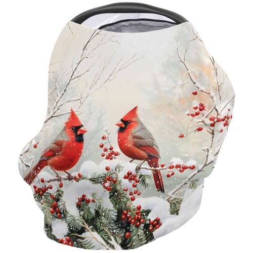 Nursing Cover for Breastfeeding Scarf, Cardinal Bird Holly Berries Branch Winter Baby Car Covers Super Soft Multi Use for Canopy Shopping Cart Cover Blanket Stroller Cover