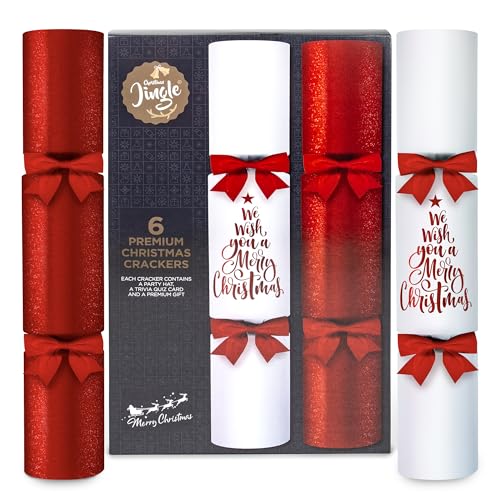Premium Red & White Christmas Crackers 6 x Luxury 14 Crackers with Velvet Bows Includes Hat Quiz Card & Premium Useful Gifts Elegant Festive Table Decoration