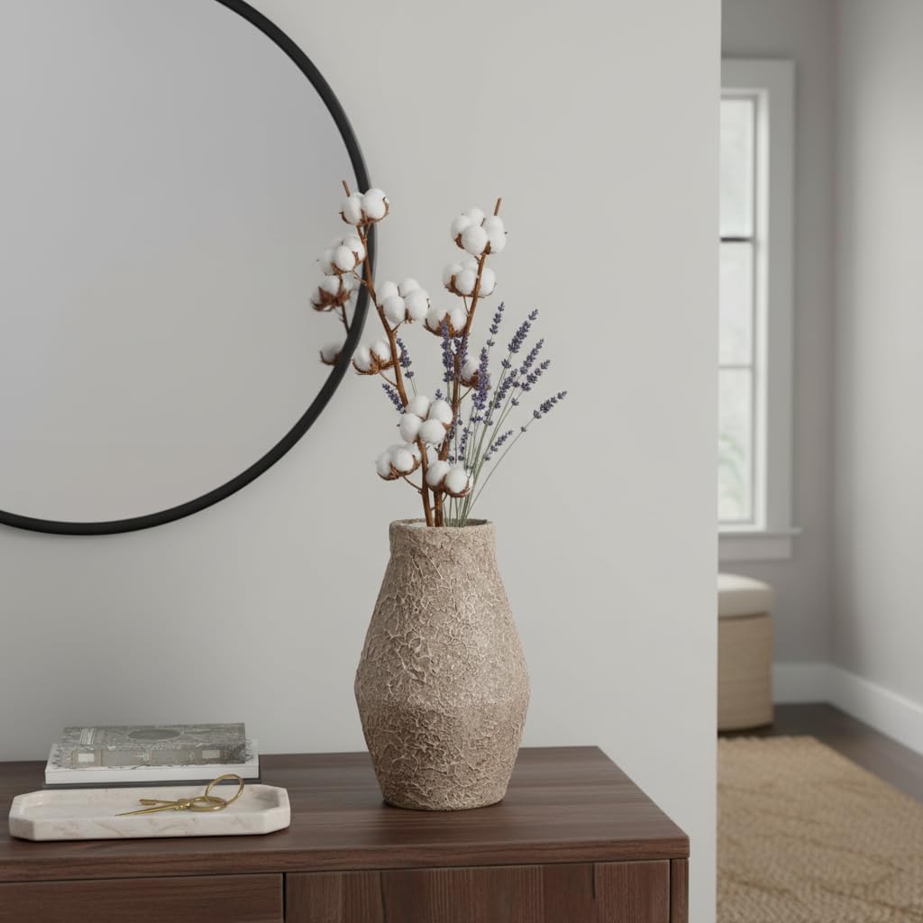 Rustic Terracotta Vase, 10 Inch Farmhouse Ceramic Flower Vase for Pampas Grass, Vintage Pottery Vases for Home Decor, Fireplace, Mantel, Living Room, Bathroom Decor, Brown