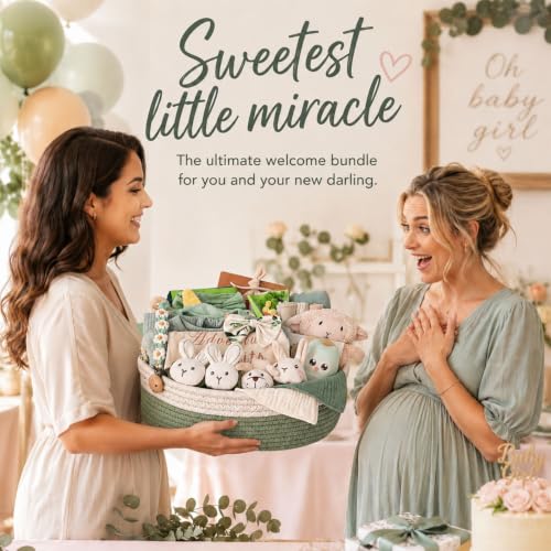 Image of Ultimate Baby Girl Gift Basket, Woodland Sage Green Newborn Essentials, Premium All-in-One Baby Shower Gifts for Expecting Moms with Floral Skirt, Swaddle, Diaper Caddy Organizer