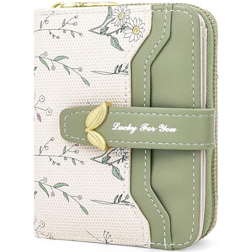 Small Wallet Womens Green Flower Cute Wallet's Women Mini Wallets for Ladies Slim Change Purse for Ladies Bifold Wallet Womens With Zipper Coin Pocket Purses Card Holder for Women