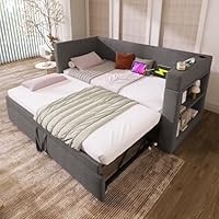 Daybed Upholstered Bed with Pull out Trundle Bed & USB Type C Charging Station & 2 Shelves, 3ft Single Functional Bed Frame with Cup Holders, Linen Sofa Beds Guest Beds with Slats, No Mattress