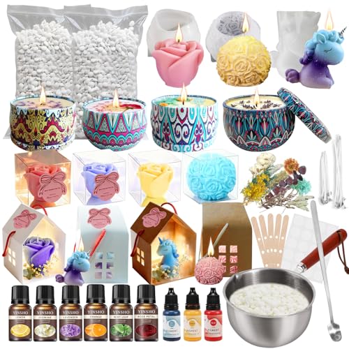 Kit per Fabbricazione Candele,Fabbricazione Candele Kit Fai Da Te Set,Profumate per Principianti,Cera di Soia,Stoppini,Barattoli,Coloranti, Stampo in Silicone,Cucchiaio, Manuale di Istruzioni