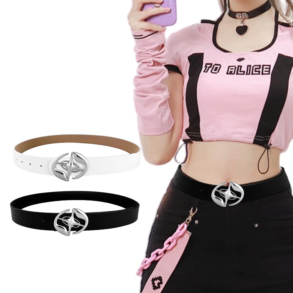 2Pcs Y2K Belt for Women Jeans, Casual Waist Belt for Women Dresses, Fashion PU Leather Women belts for jeans pants, Metal Buckle Belt for Teen Girls Trousers, Dress (Black & White)-image-30