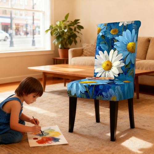 Image of Nuxovilar 2PCS Blue Daisy Print Milk Silk Dining Chair Covers