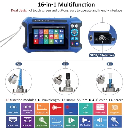 Image of 16-in-1 OTDR Optical Fiber Tester 1310 /1550nm,4.3' Touch Screen and Event Map OLT (Optical Loss Test), Fiber Tester Built-in VFL OPM LS /OLS /RJ45,Functions RJ45 Cable Tester Network Tools