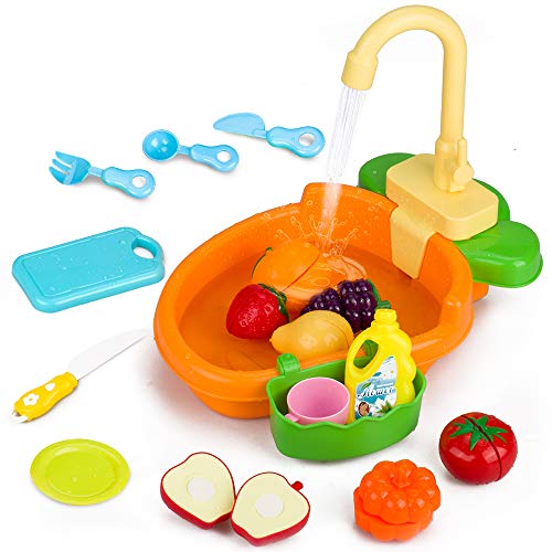 GrowthPic Play Kitchen Sink Toy Set, Water Toys for Kids with Electronic Dishwasher, Pretend Play Utensils Accessories and Play Cutting Food for Boys and Girls