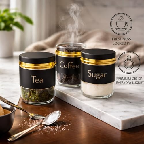 Image of 7Seas 3Pcs Kitchen Canister Set, Tea Coffee Sugar Storage Jars With Air-tight Steel Lid | Kitchen Spice Storage Jars With Name Print For Easy & Quick Find | Kitchen Tea & Sugar Dabba - 350ML (Black)