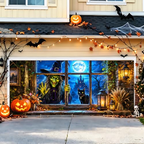Image of Halloween Garage Door Decorations 7 x 16 ft, Witch Window Cover