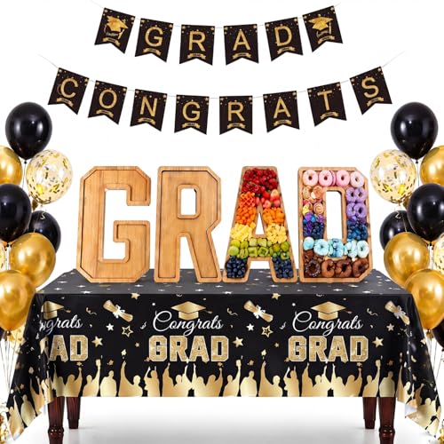 Mindsoft 30 Pcs Charcuterie Board Graduation Decorations Sets 2026 Grad Bamboo Fillable Box with Black and Gold Tablecloth Congrats Banners Balloons Graduation Party Supplies for High School College