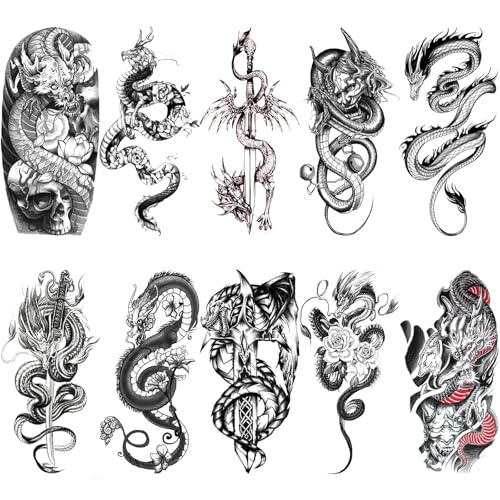 Dragon Temporary Tattoos for Men Half Arm Sleeve, Realistic Large Flower Sword Dragon Fake Tattoo Sticker Adult Boy Forearm, Waterproof Black 3D Temp Tatoo Shoulder Body Art, 10-Sheet
