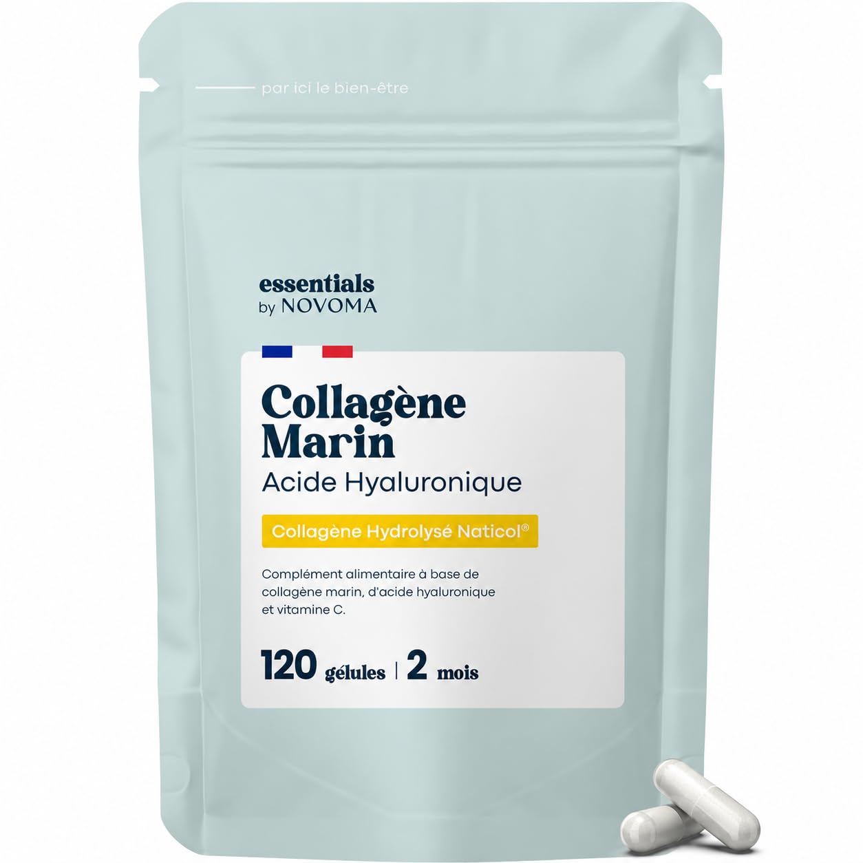 Collagene Marin + Acide Hyaluronique + Vitamine C - 120 Gélules - 2 Mois | 800 mg de Collagène Hydrolysé Naticol® de Type 1 - Fabriqué en France - Essentials by Novoma 120 unité (Lot de 1)
