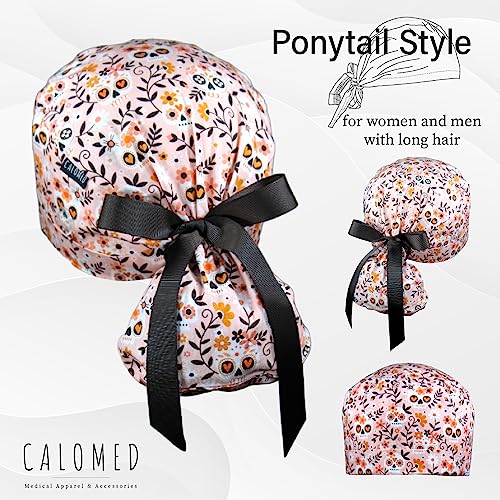 Image of Scrub Cap for Women and Men, Ponytail Scrub Caps, Working Hat, Head Cover with Ribbon Ties and Buttons, Long Hair