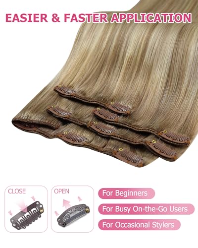 Image of YoungSee Ombre Clip in Hair Extensions 120g Light Brown Balayage Platinum Blonde Real Hair Extensions Clip in Human Hair, Instant Hair Volume for Parties, Clip on Hair Extension for Women 14 Inch 7Pcs