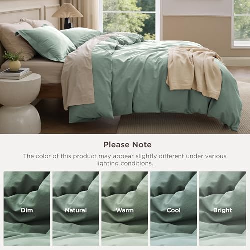 Image of Bedsure 100% Washed Cotton Duvet Cover Queen Size - Iceberg Green Minimalist Bedding Set Linen Like - PureWoven Plain Simple & Soft Comforter Cover for All Seasons (Iceberg Green, Queen, 90 inchx90 inch)