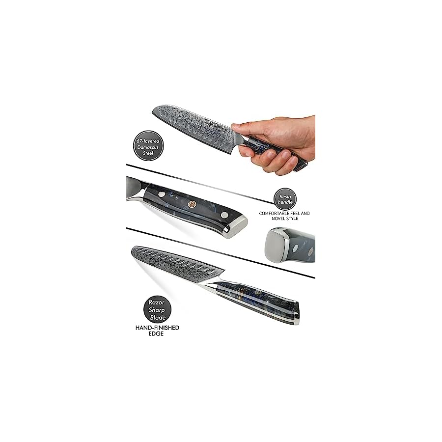 SANMUZUO Santoku Knife - 7 inch - Xuan Series - VG10 Damascus Steel Kitchen Knife - Resin Handle (Starry Black)