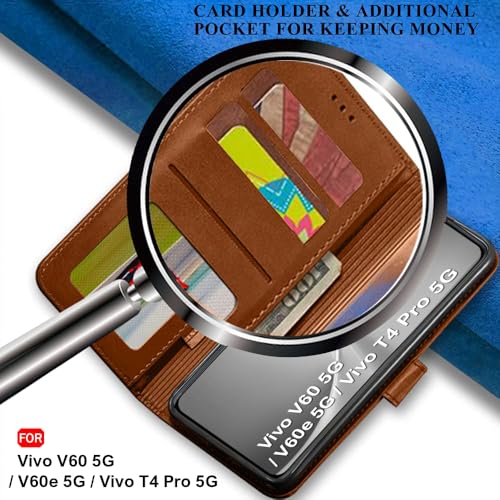 Image of TheGiftKart Genuine Leather Finish Flip Back Cover Case for Vivo V60 5G / V60e 5G / Vivo T4 Pro 5G | Inbuilt Pockets & Stand | Wallet Style | Designer Button Magnet Flip Cover (Faux Leather, Brown)