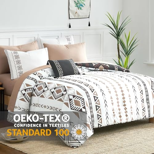 Image of Geniospin Super King Plus Size Comforter Set- 7 Pieces Boho Bed in a Bag, Western Bedding Set for All Seasons, Reversible Aztec Bedding, Lightweight Comforter Bed Set with Sheets, Pillowcases & Shams