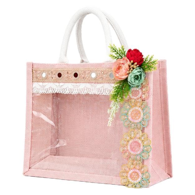 Jute Gift Hamper Bag with Transparent Window, Lace Border & Rope Handles for Wedding Return Gifts, Festive Gifting, Dry Fruits, Chocolates & Corporate Gifts, Natural Beige-image-27