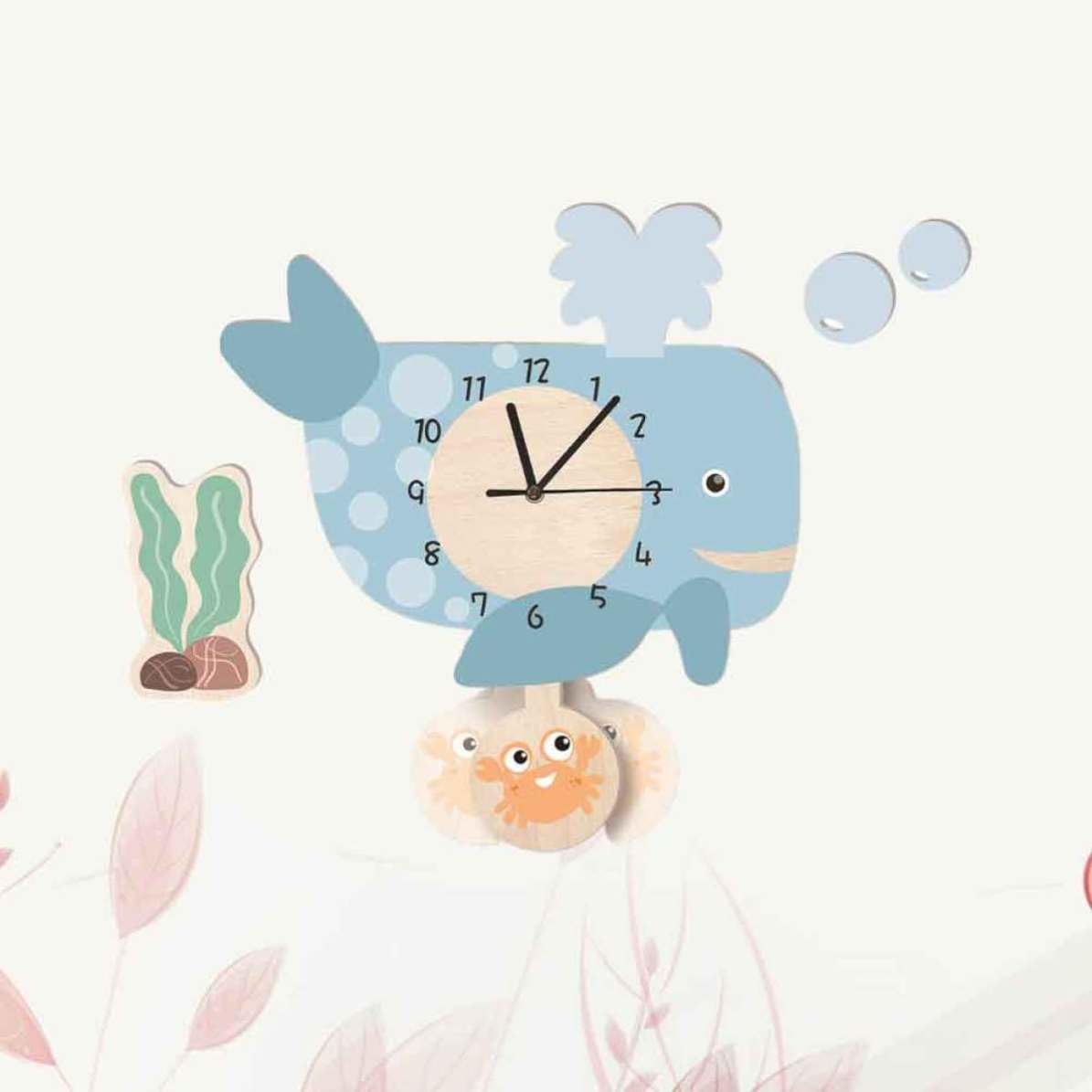 Reloj de Pared Infantil en Forma de Ballena, Silencioso, Ecológico, Adorno para Salón, Dormitorio y Aula, Fácil de Colgar, Diseño Original para Hogar