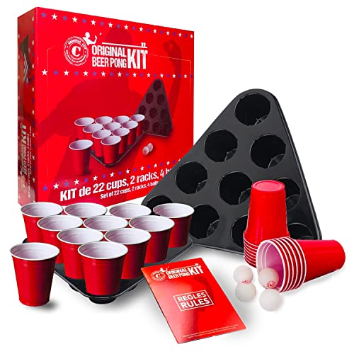 Original Beer Pong Kit Officiel | Pack Complet Beer Pong Officiel | Qualité Premium | 22 Red Cups | 2 Racks d'Emplacement | 4 Balles | Règles Officielles | Jeu à Boire | Jeu Soirée | OriginalCup®