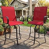 IDEALHOUSE 2 Piece Outdoor Swivel Bar Chairs, 360° Rotating Patio High Back Bar Stools, All-Weather Textilene Mesh, Counter Height with Armrest & Footrest, Red for Deck, Lawn, Garden, Backyard