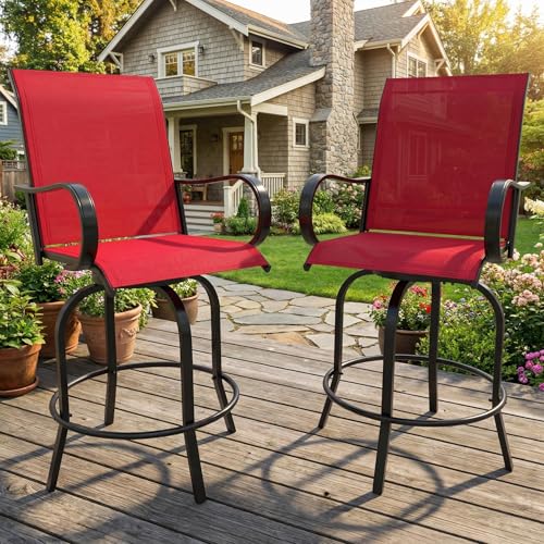 IDEALHOUSE 2 Piece Outdoor Swivel Bar Chairs, 360° Rotating Patio High Back Bar Stools, All-Weather Textilene Mesh, Counter Height with Armrest & Footrest, Red for Deck, Lawn, Garden, Backyard