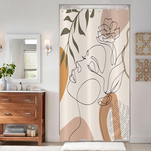 ASDCXZ Rideau de Douche Beige 120x180 cm Style Boho, Art Abstrait Moderne Fille Visage Fleur Feuilles Vertes Lavables Textile Rideau Douche imperméable pour...