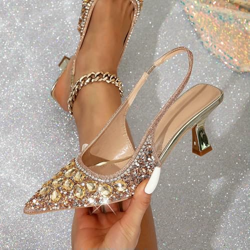 SLJYM Femmes Escarpins Argent Cristal Strass Talons Hauts Mode D'été Talon Aiguille Dames Mariage Coupe Dorée et Chaussures