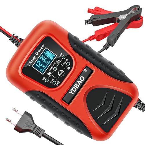 YDBAO Cargador Inteligente de Batería Coche 7A 12V Función de Mantenimiento, Invierno y Verano, Protección Múltiple y para Coche Moto de AGM Gel EFB SLA