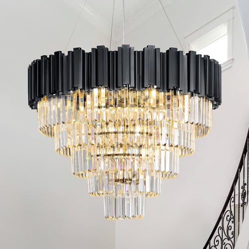 5-Tier 27.5" Black Chandelier, 9-Light Modern Crystal Chandelier,...
