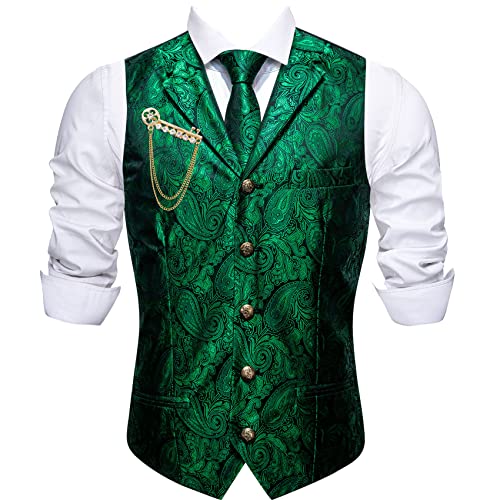 Image of Barry.Wang Mens Suit Vest Emerald Green Paisley Silk Jacquard Waistcot Ties Set Formal /Leisure 5PCS