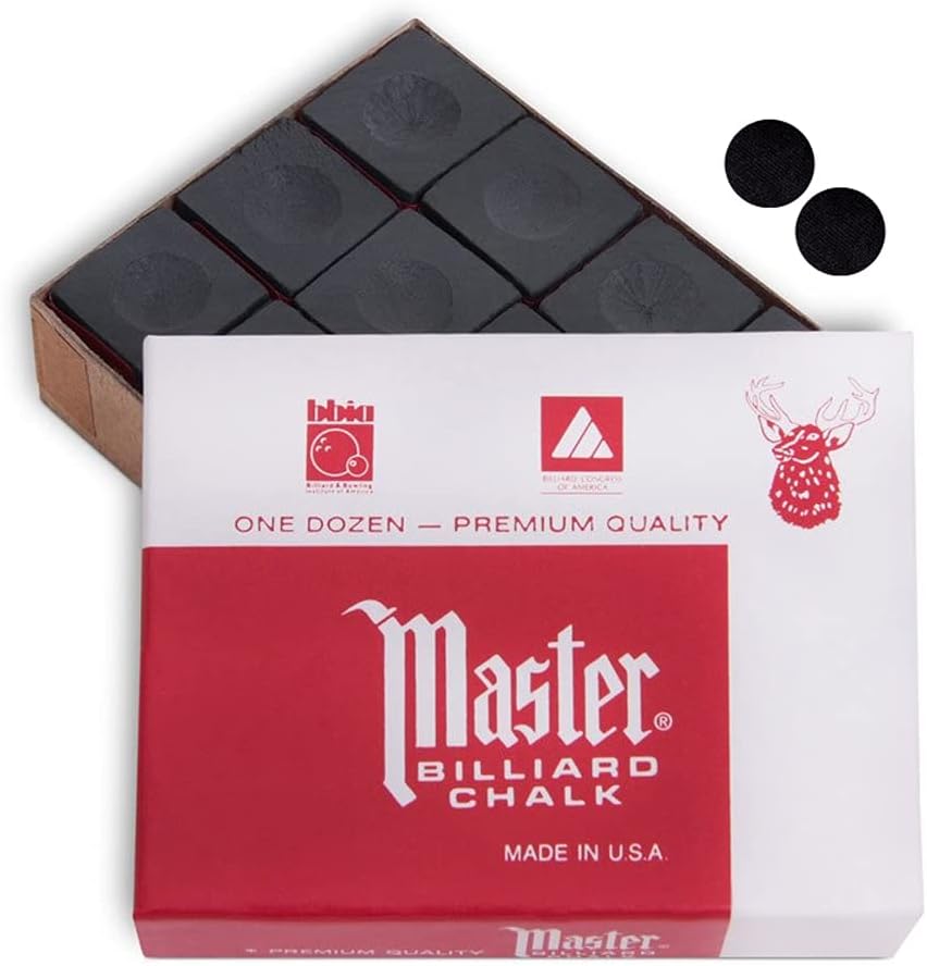 Master Billiard Pool Cue Chalk Premium Quality - 1 Dozen - Made in The USA + 2 pcs of Quality Billiard Pool Table Spots (Black)